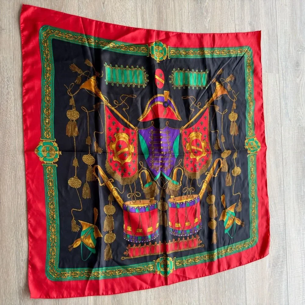 VTG 70s Red Scarf Music Equestrian Drums Horns Swords French Quarter New Orleans